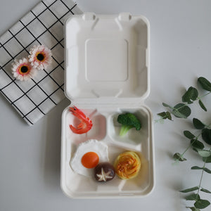 BAGASSE LUNCH BOX, 3 COMPARTMENT, 9"